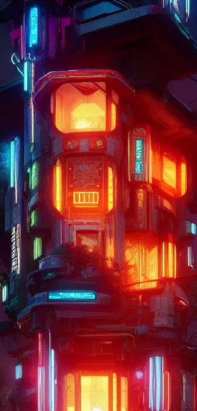 Neon-lit futuristic tower in cyberpunk style.