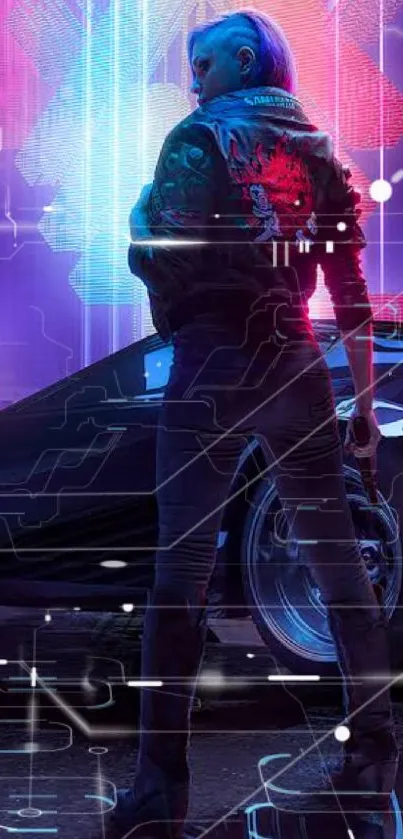 Cyberpunk scene with neon lights and futuristic figure.