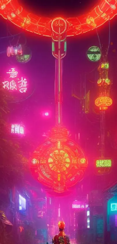 Vibrant cyberpunk cityscape with neon signs and futuristic allure.