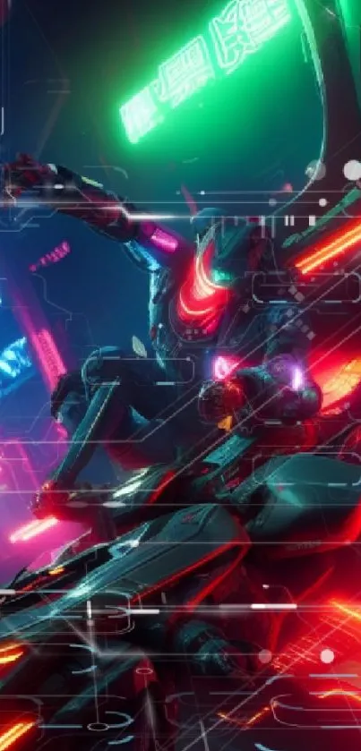Cyberpunk city with neon robot in dynamic pose.