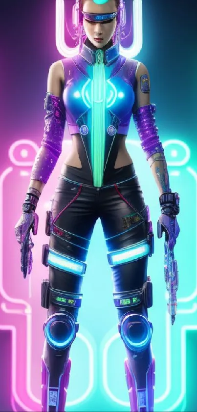 Futuristic cyberpunk character in neon pink and blue glow.