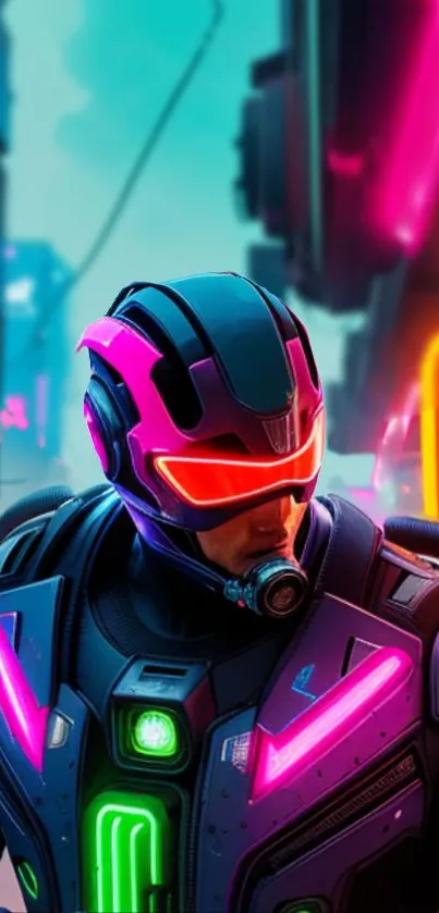 Futuristic figure in neon armor within a vibrant cyberpunk city.