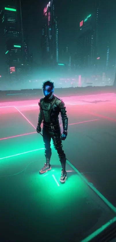 Neon-lit cyberpunk scene with lone figure.