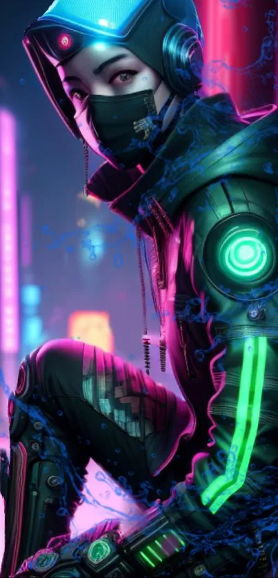 Futuristic cyberpunk wallpaper with neon lights and a helmeted figure.