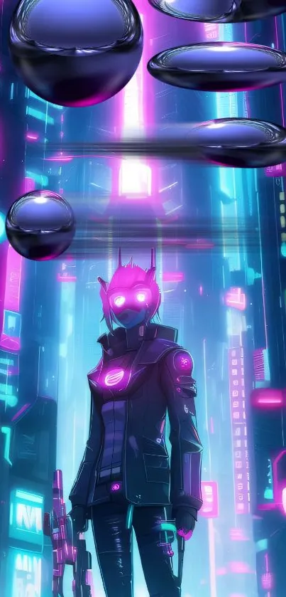 Futuristic neon cyberpunk scene with an android figure.