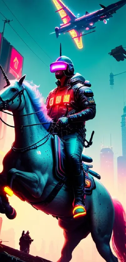 Futuristic cyberpunk rider in neon cityscape.