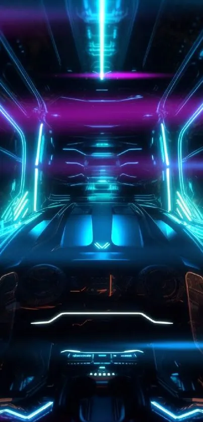 Futuristic neon cyberpunk wallpaper with glowing blue lights.