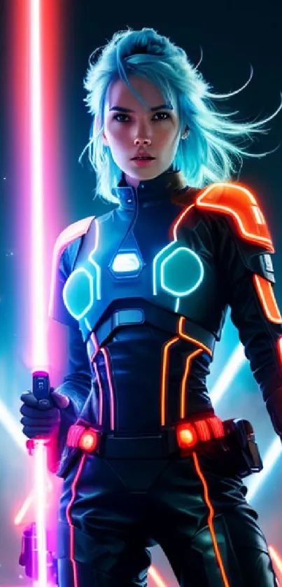 Futuristic cyberpunk character with neon lights and vibrant colors.