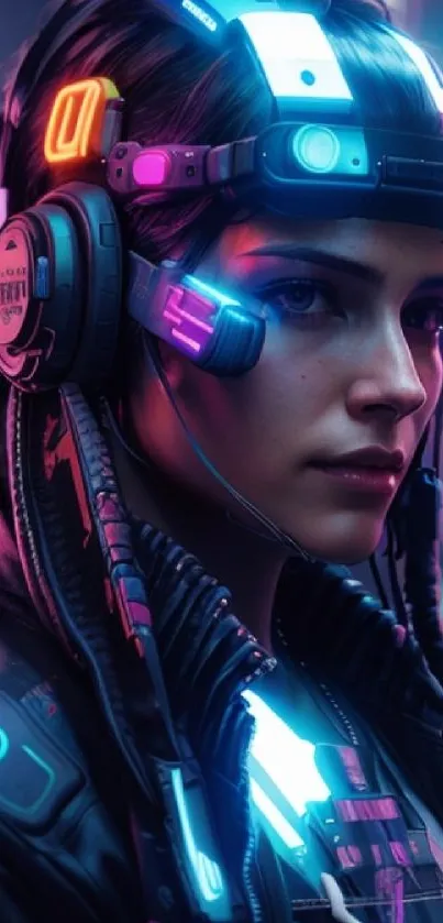 Futuristic cyberpunk character with neon highlights in an urban setting.