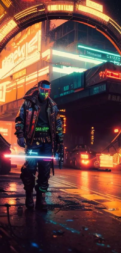 Futuristic cyberpunk city scene with neon lights and a lone figure in urban attire.