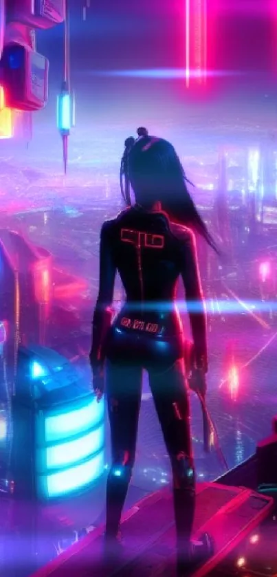 A futuristic cyberpunk cityscape with neon lights and a lone figure.