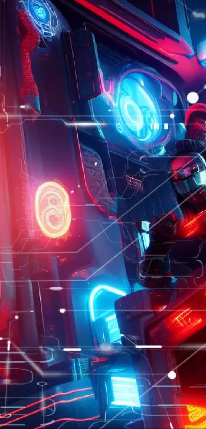 Futuristic cyberpunk scene with neon lights and sci-fi elements.