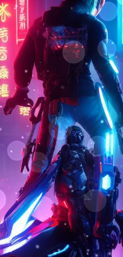 Futuristic cyberpunk scene with neon lights and tech suit.