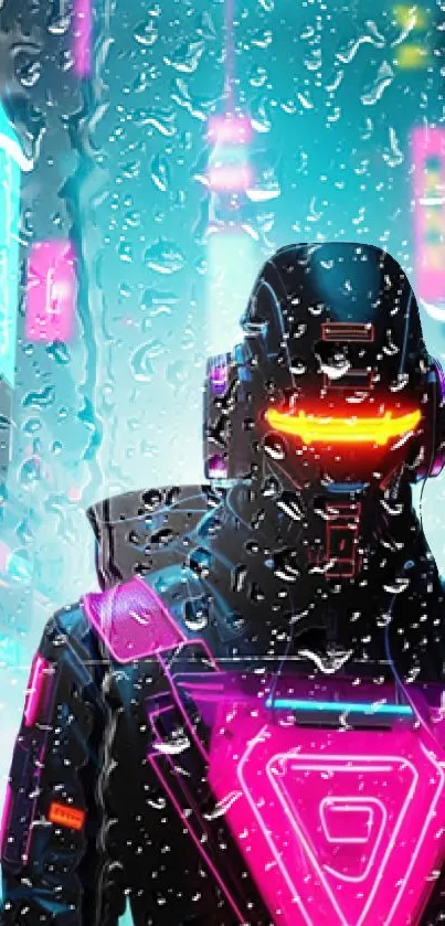 Futuristic cyberpunk wallpaper with neon lights and robotic figure.