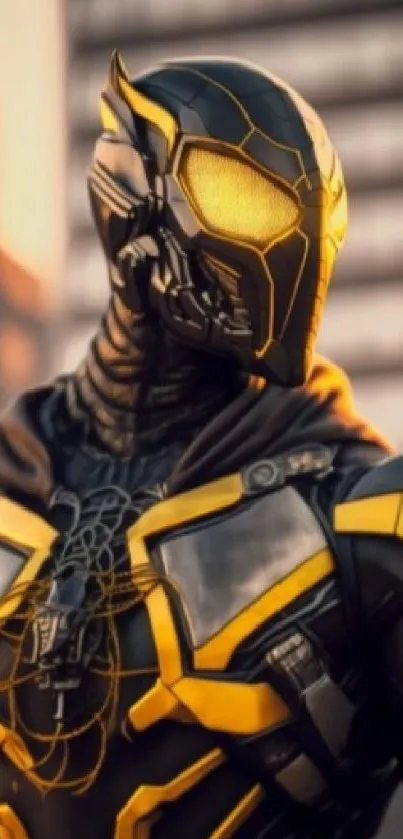 Futuristic robot with glowing yellow accents in cyberpunk style.