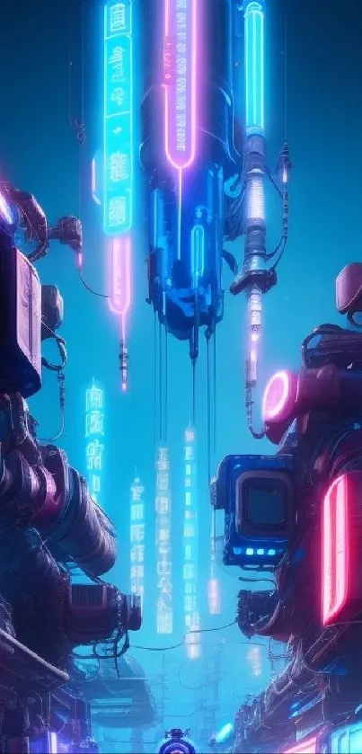 Futuristic neon cyberpunk street with glowing signs.