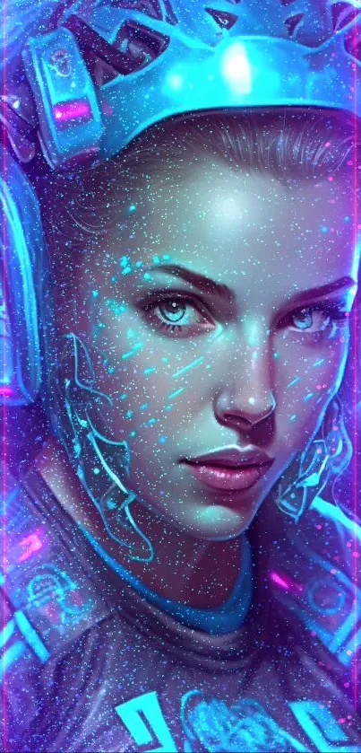 Futuristic neon cyberpunk female portrait with vibrant blue hues.