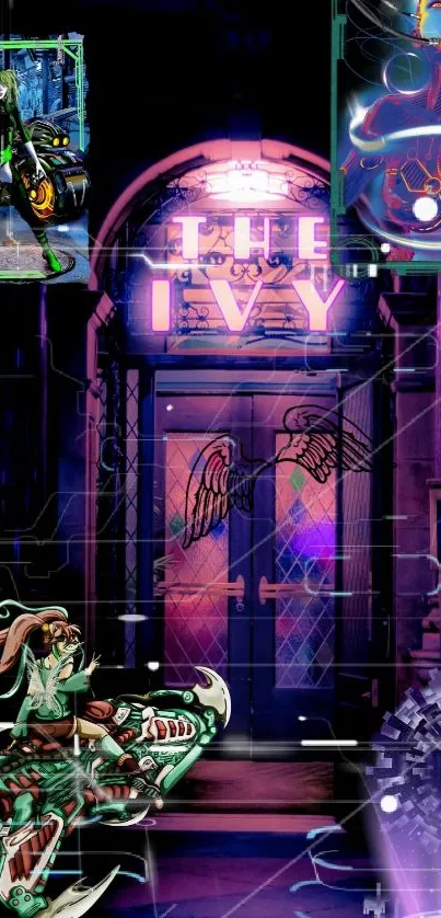 Futuristic cyberpunk artwork with vibrant neon colors and digital elements.