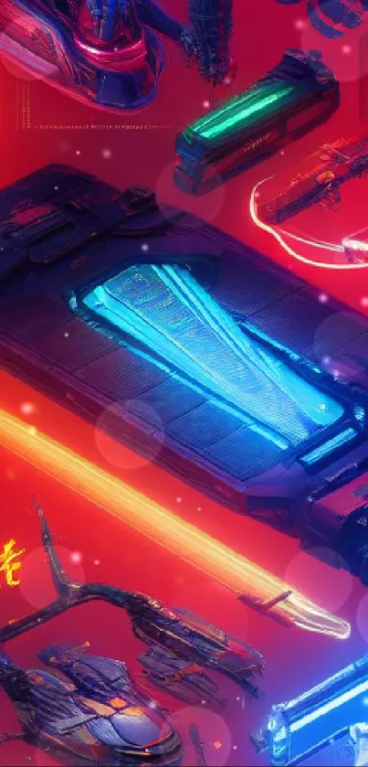 Futuristic neon cyberpunk design with vibrant red and blue elements.