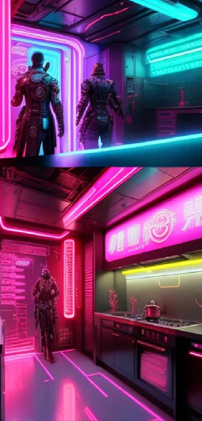 Futuristic neon cyberpunk cityscape mobile wallpaper with vibrant pink and blue lights.