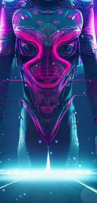 Futuristic neon cyberpunk android standing bold.