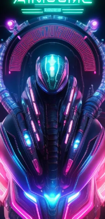 Futuristic cyberpunk wallpaper with neon lights and robotic design.