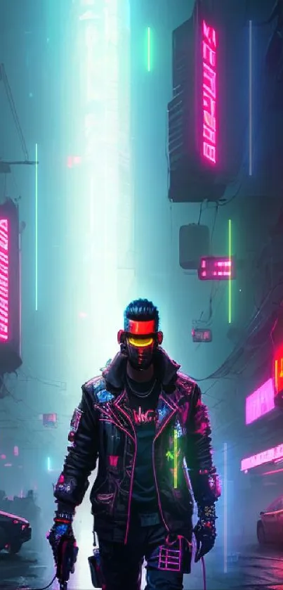 Futuristic cyberpunk wallpaper with neon lights and mysterious character in city street.