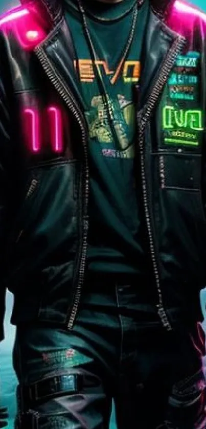 Person in a neon cyberpunk jacket with glowing elements.