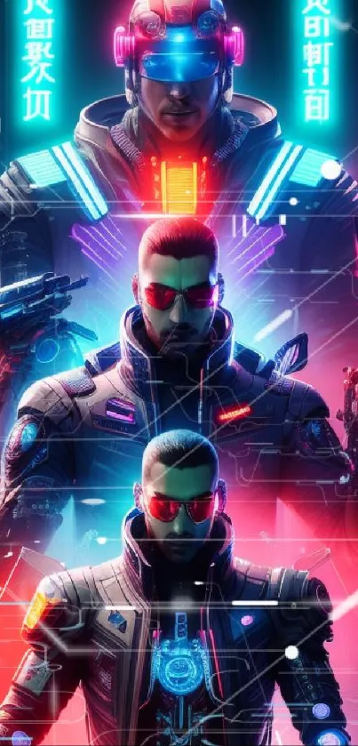 Futuristic neon cyberpunk wallpaper with digital figures.