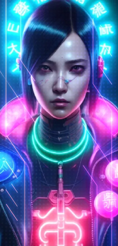 Futuristic cyberpunk character with neon lights in a vibrant urban setting.