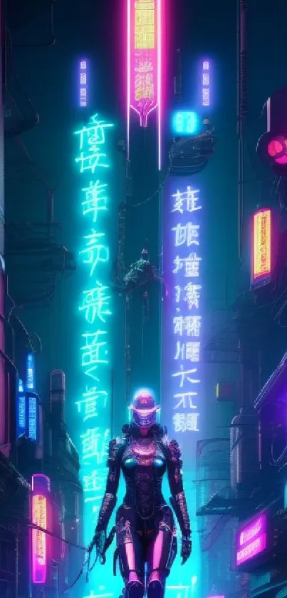 Futuristic cyberpunk cityscape with neon lights and a lone figure.