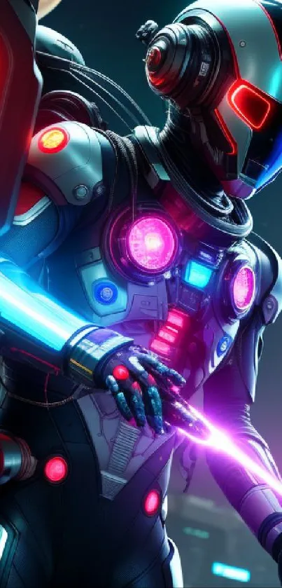 Futuristic cyberpunk robot with neon lights.