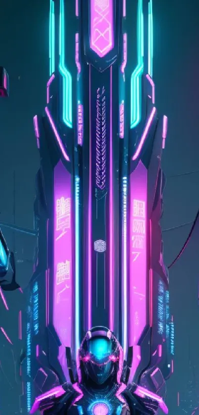 Futuristic cyberpunk cityscape with neon lights and silhouetted figure.