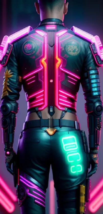 Futuristic cyberpunk warrior with neon pink lights in vibrant tech armor.