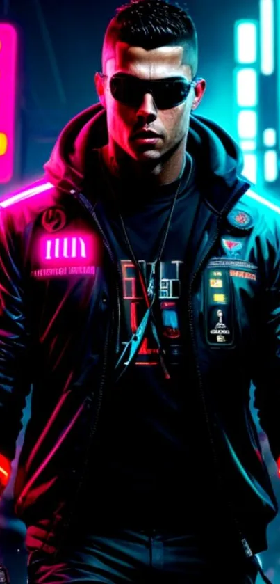 Futuristic cyberpunk warrior in neon cityscape, vibrant colors.