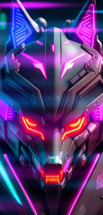 Futuristic neon cybernetic wolf head mobile wallpaper.