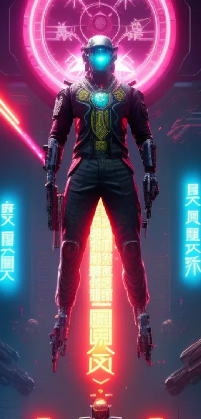 Futuristic neon cyborg in a cyberpunk cityscape with bright pink and blue lights.