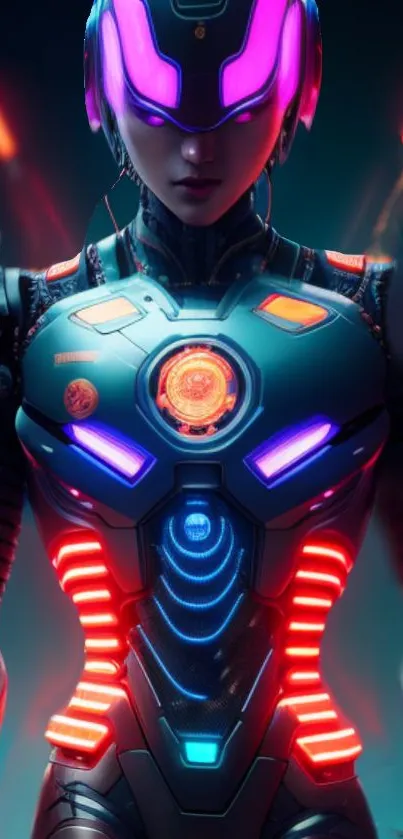 Futuristic neon cyborg with colorful lights on a mobile wallpaper.