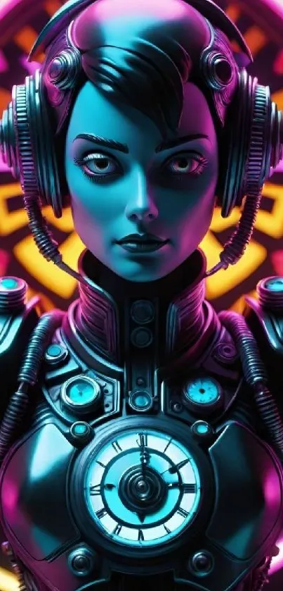 Futuristic cyberpunk character with neon colors and tech design.