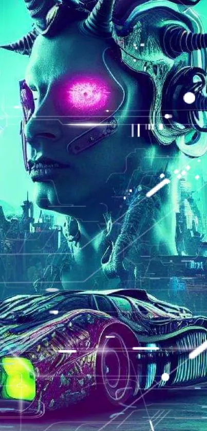 Futuristic neon cyborg art with vibrant colors and a sci-fi cityscape.