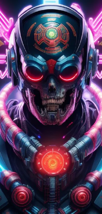 Futuristic cyberpunk cyborg skull with neon lights and vibrant colors.