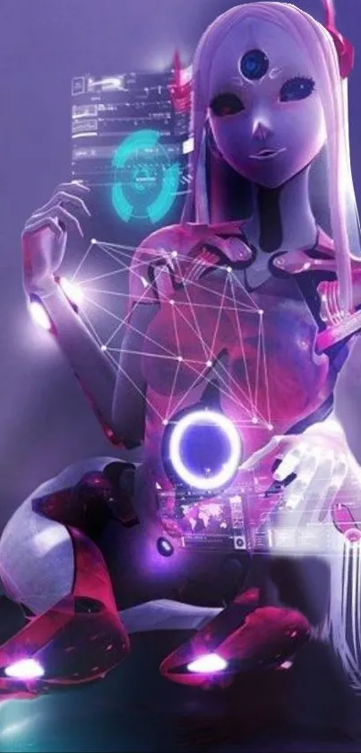 Futuristic cyborg with neon lights and digital interface.