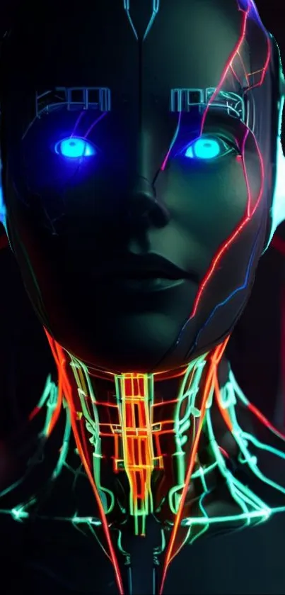 Futuristic cyborg with neon lights on a dark background.