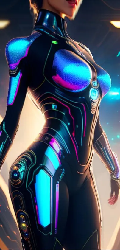 Futuristic neon cyborg with electric blue design.