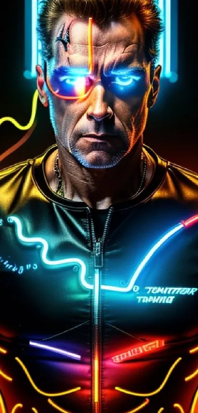 Futuristic cyborg with neon lights in vibrant colors, perfect for mobile wallpaper.