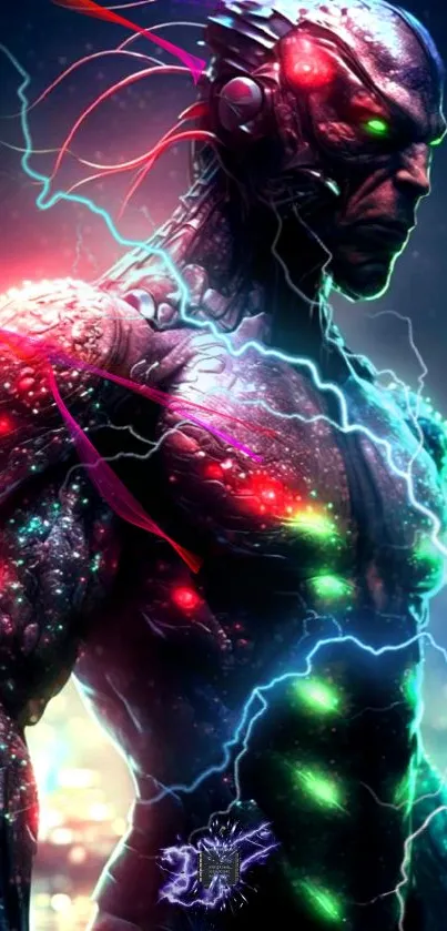 Neon-lit futuristic cyborg with vibrant colors and abstract design.