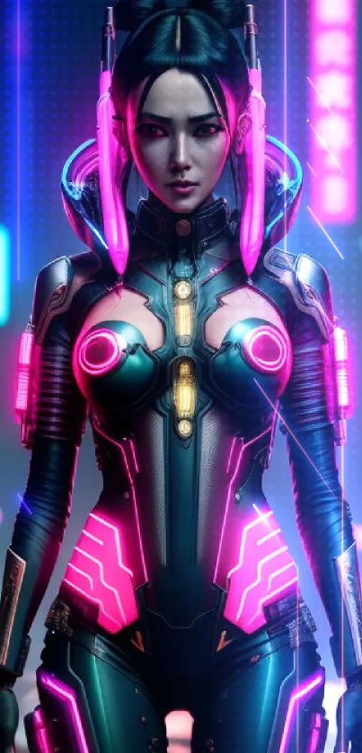 Futuristic cyborg in neon cityscape, vibrant colors, cyberpunk theme.