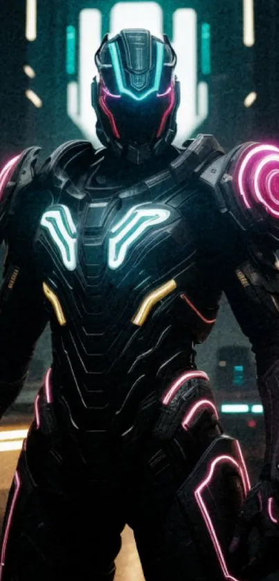 Futuristic neon cyborg with glowing elements on dark background.