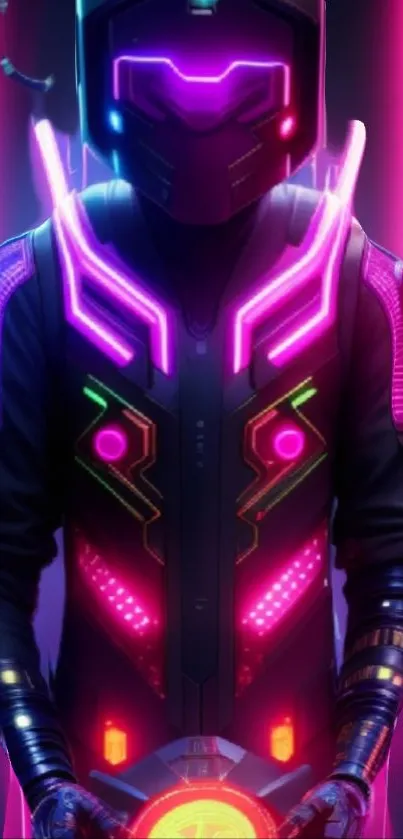 Futuristic neon cyborg with glowing elements in vibrant colors.