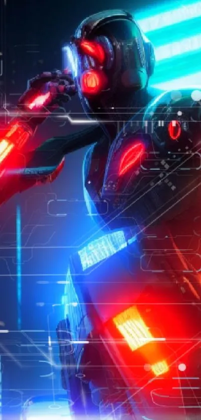 Futuristic neon cyborg with vibrant lights in a digital art style.